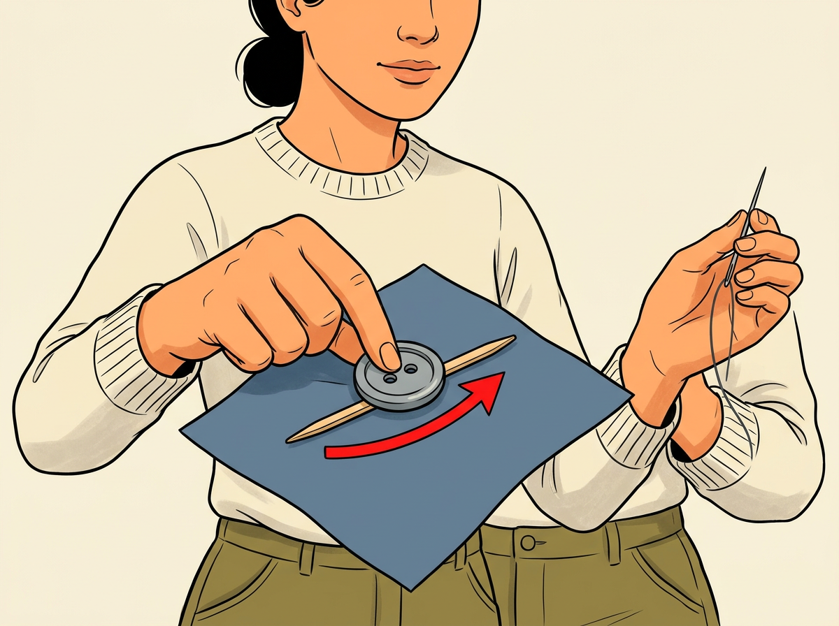 3: SET the button over the exit point and slide a toothpick between button and fabric for spacing.