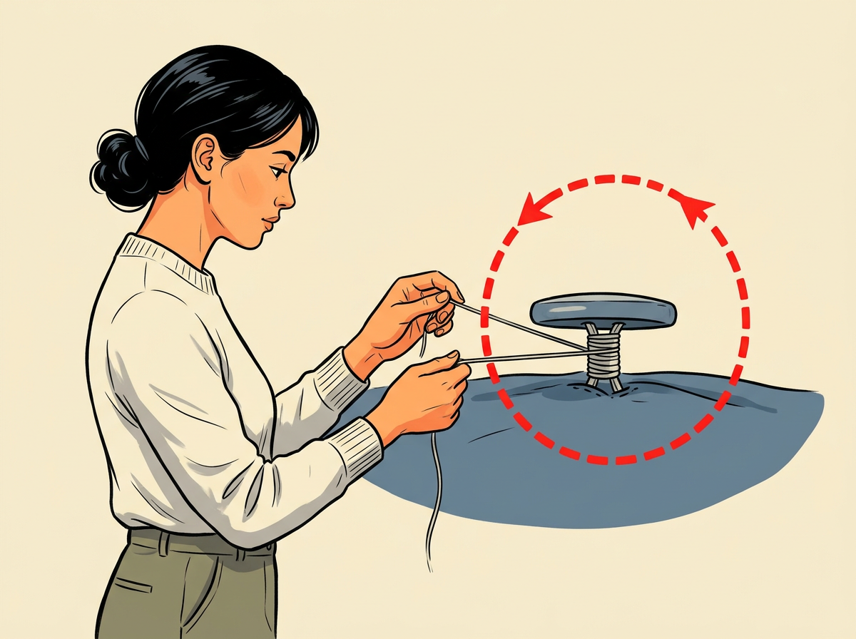 5: WRAP the working thread six times around the thread stem under the button after you pull out the toothpick.