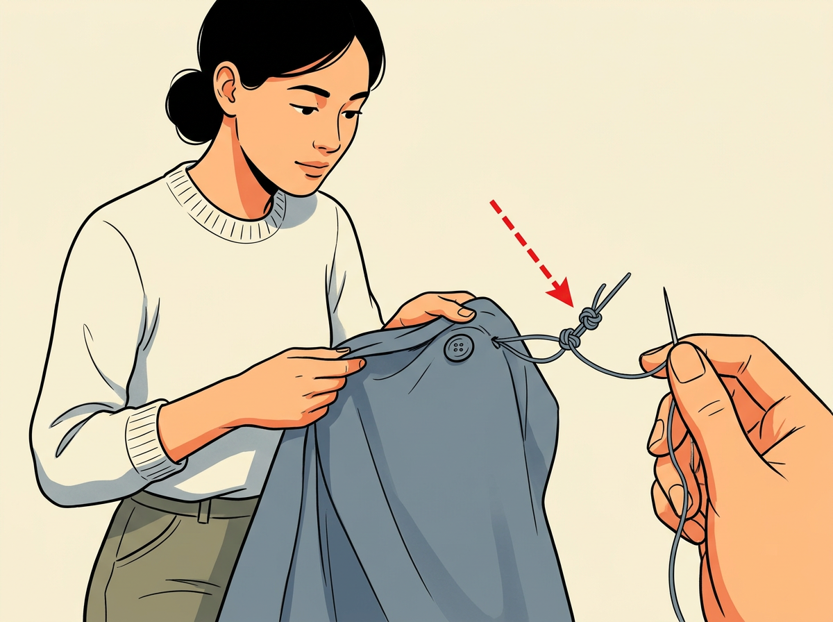 6: KNOT the thread on the fabric underside with two tight overhand knots close to the cloth.