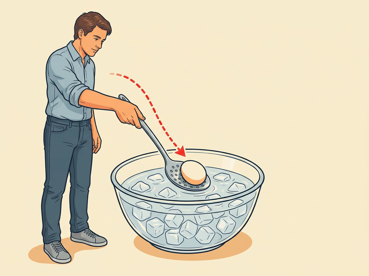 5: CHILL each egg into the ice water with a slotted spoon.