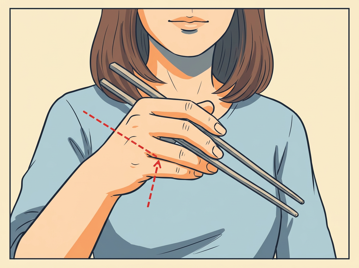 1: REST the lower chopstick in the V of your thumb.