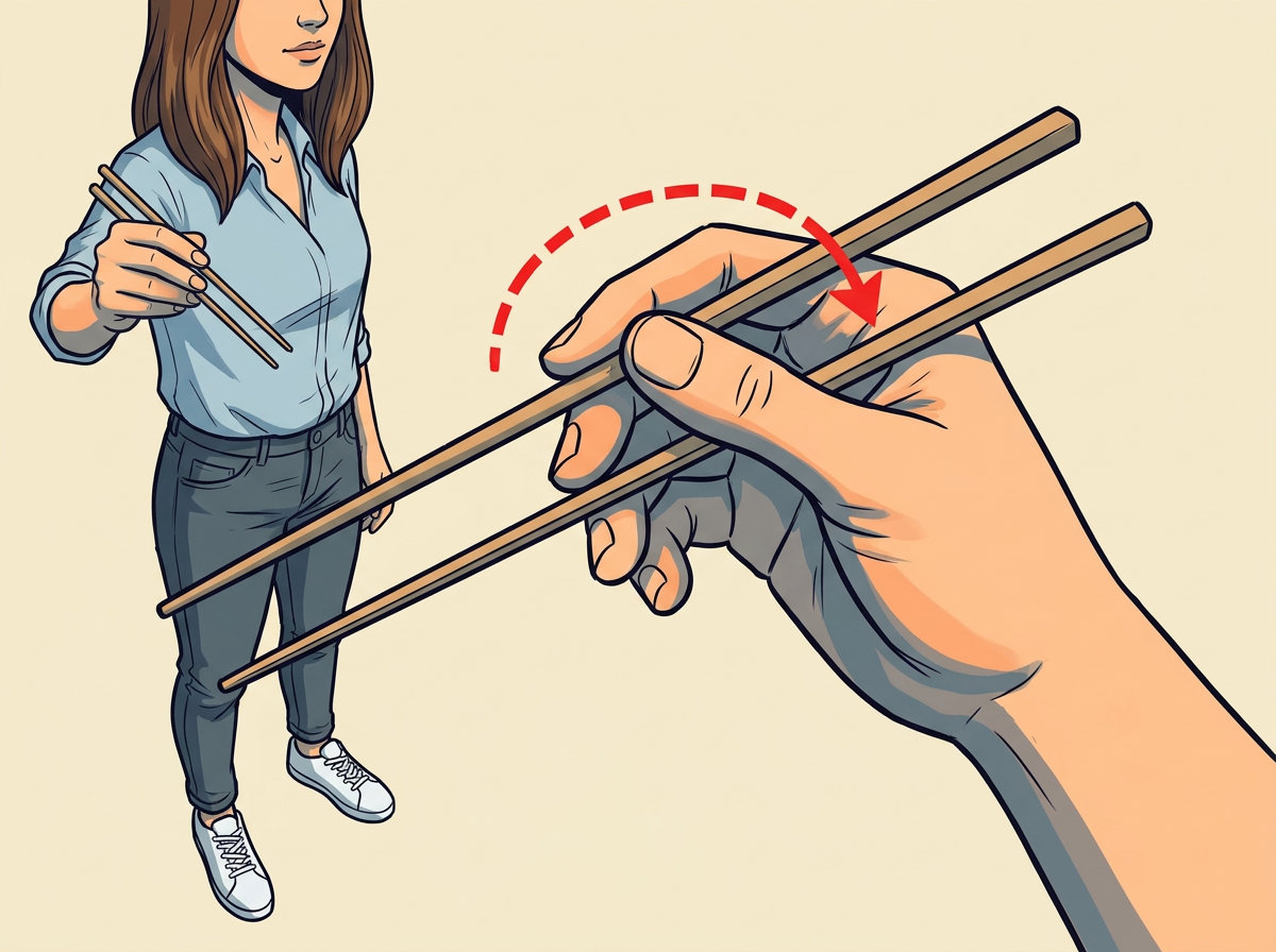 2: HOLD the upper chopstick like a pencil above the lower one.