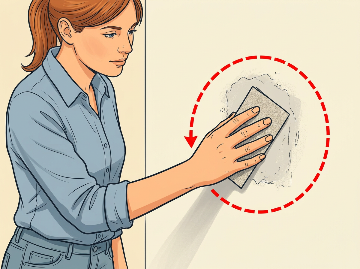 SAND the dry mound with fine sandpaper using light circular strokes until it sits flush with the wall.