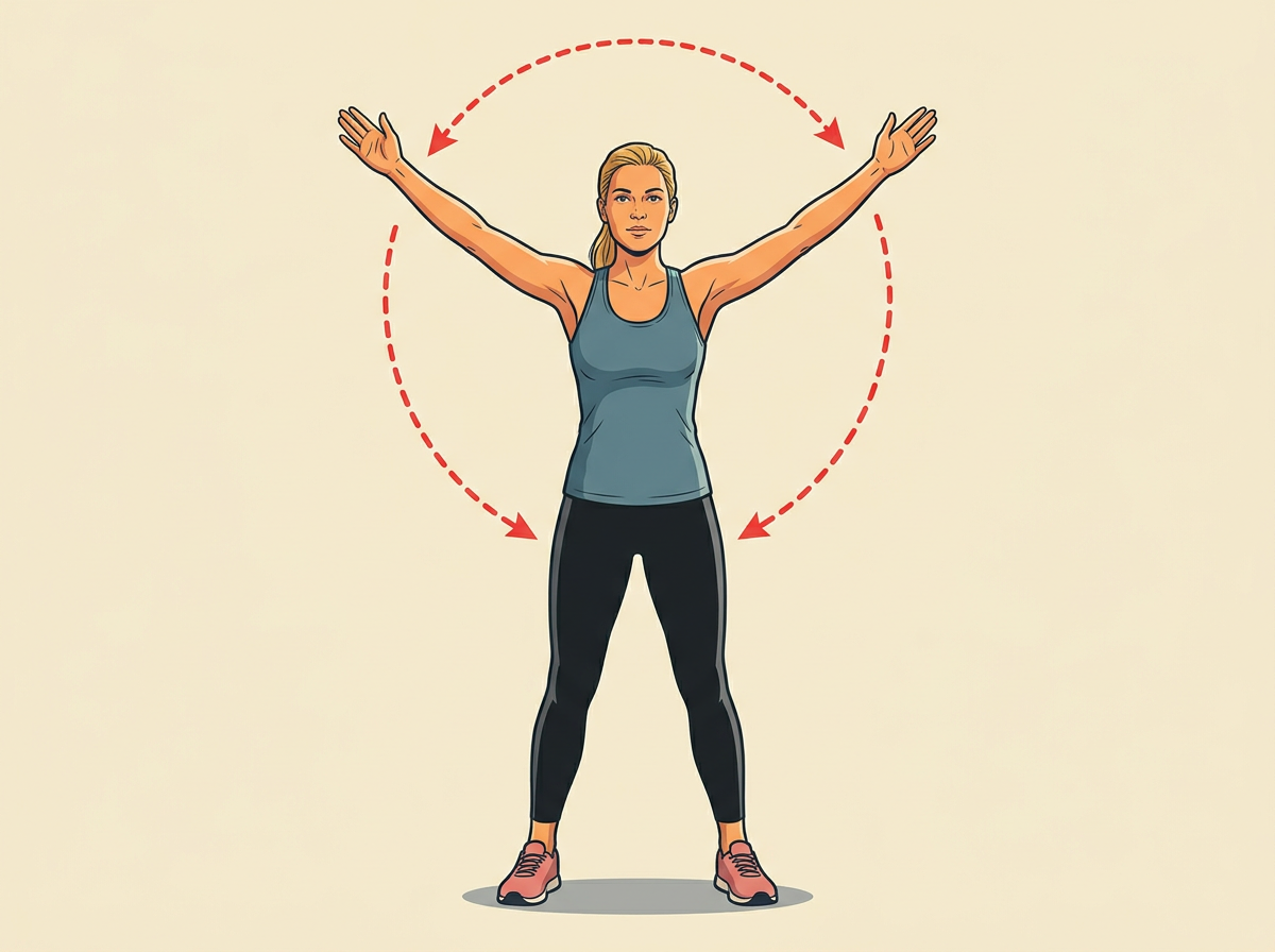 CIRCLE both arms ten times forward then ten times back: plant feet shoulder-width apart and draw full loops.