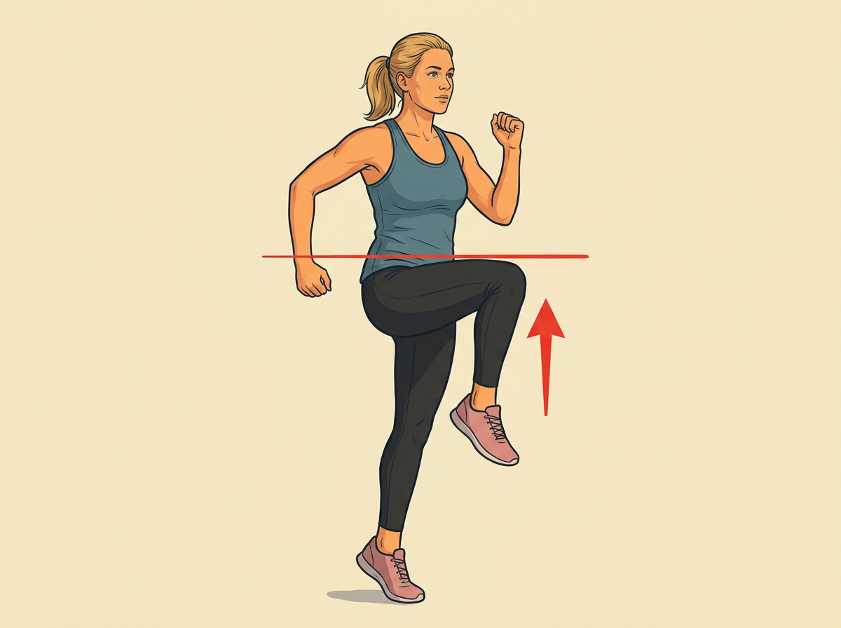 DRIVE each knee to hip height for thirty total steps: bounce lightly on the balls of your feet while pumping the opposite arm.