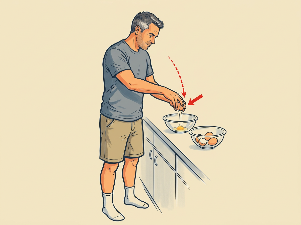 1: CRACK two eggs into the bowl: tap each shell firmly on the counter, pull the halves apart over the bowl, and let the white and yolk drop in.