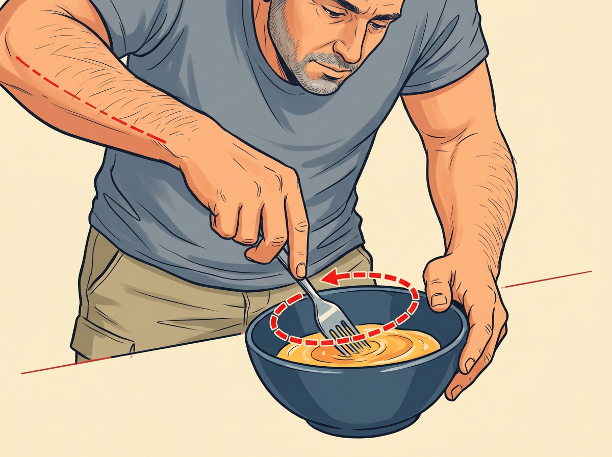 2: WHISK the eggs with the fork in quick circles until yolks and whites become one even yellow.