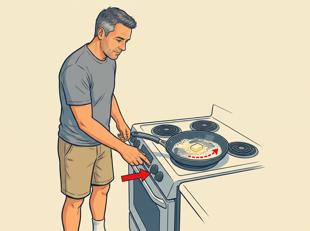 3: WARM the empty skillet on the lowest burner setting for one full minute, then slide in the butter and wait until it melts and foams without browning.