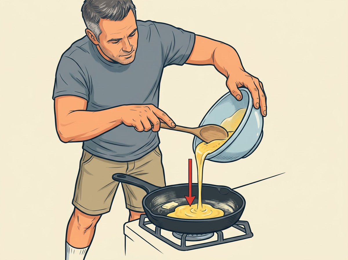 4: POUR the beaten eggs into the center of the pan once the butter has foamed.