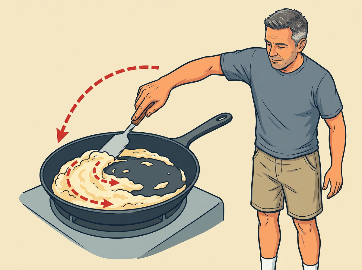 5: FOLD the eggs with the spatula in slow sweeps from the outer edge straight toward the center.