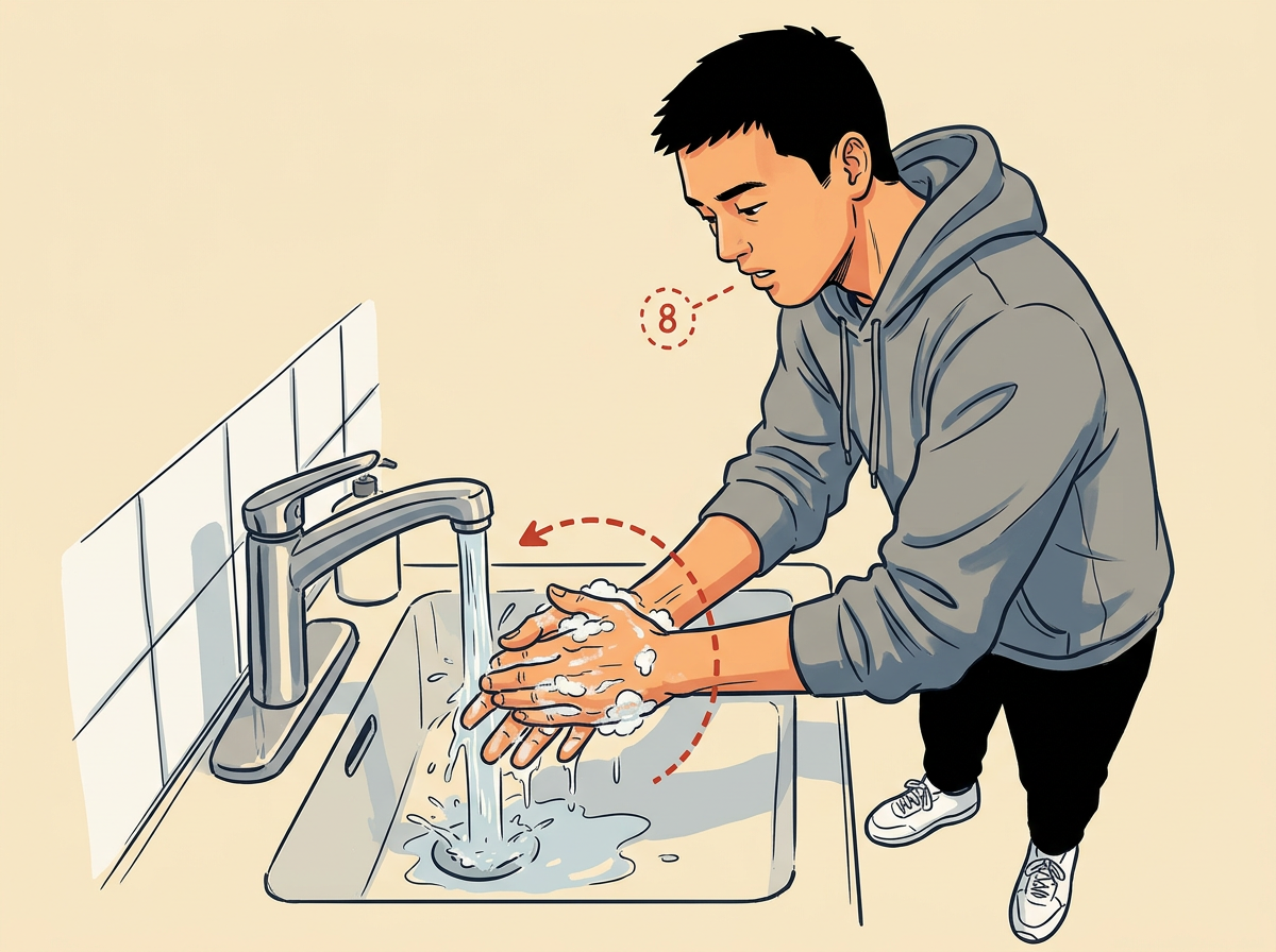 WASH both hands with soap under the tap while you count to eight out loud.