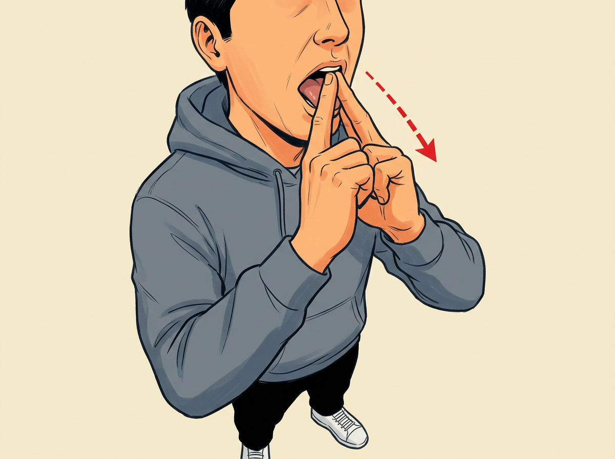 SLIDE the finger point over the top of the curled tongue and back until the first knuckles sit just inside the lips.