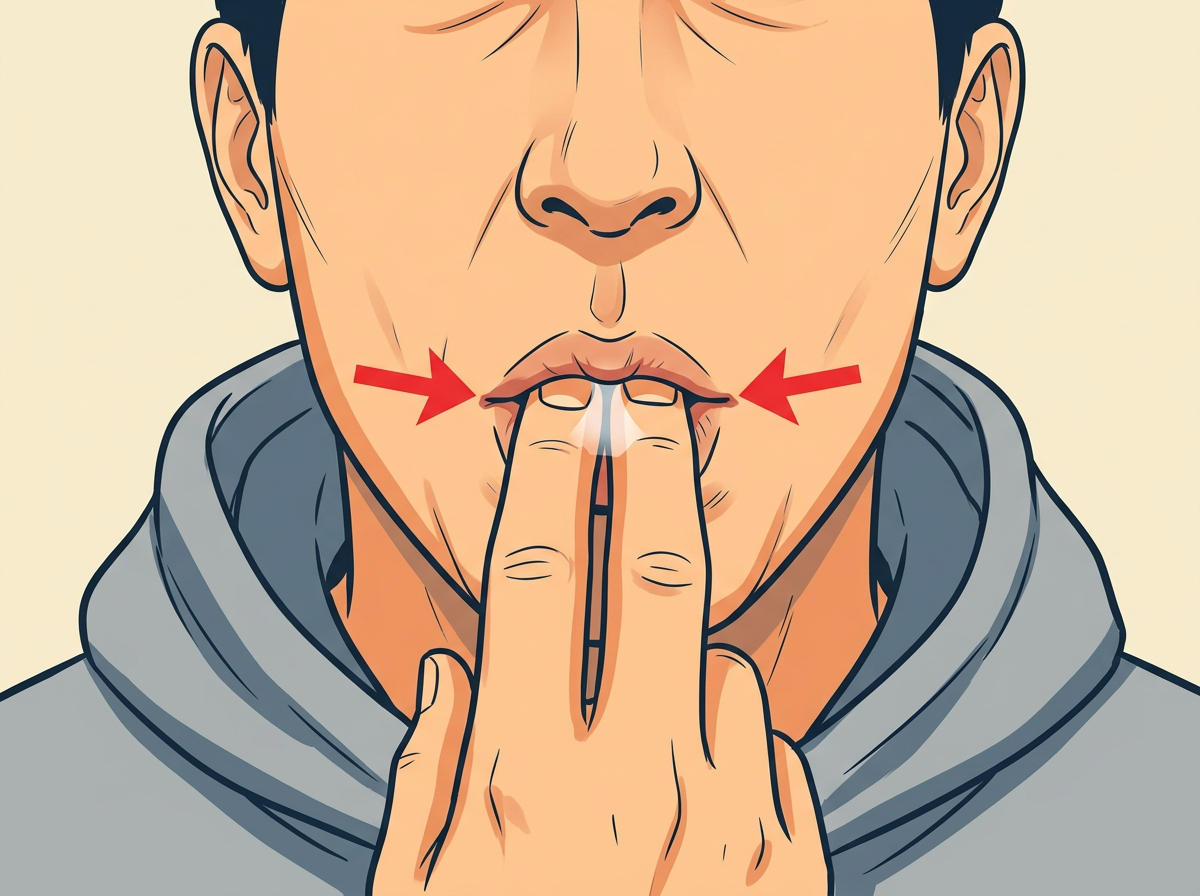 PRESS your lips closed around the finger sides so a pencil-thin gap stays open at the front.