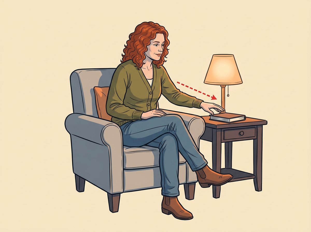 PLACE the notebook and pen in the same reachable spot beside the chair you will use.