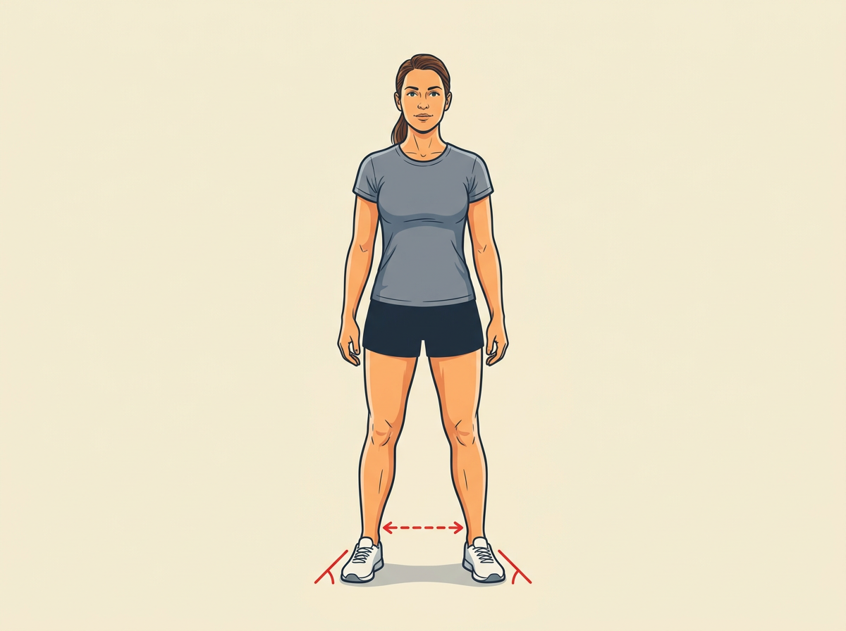 1: STAND with feet shoulder-width apart, toes turned out fifteen degrees, and arms hanging relaxed.