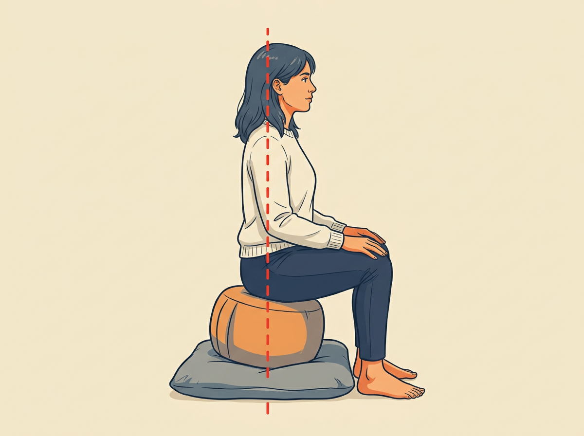 2: SIT upright on the chair or cushion with both feet flat and hands resting on your thighs.