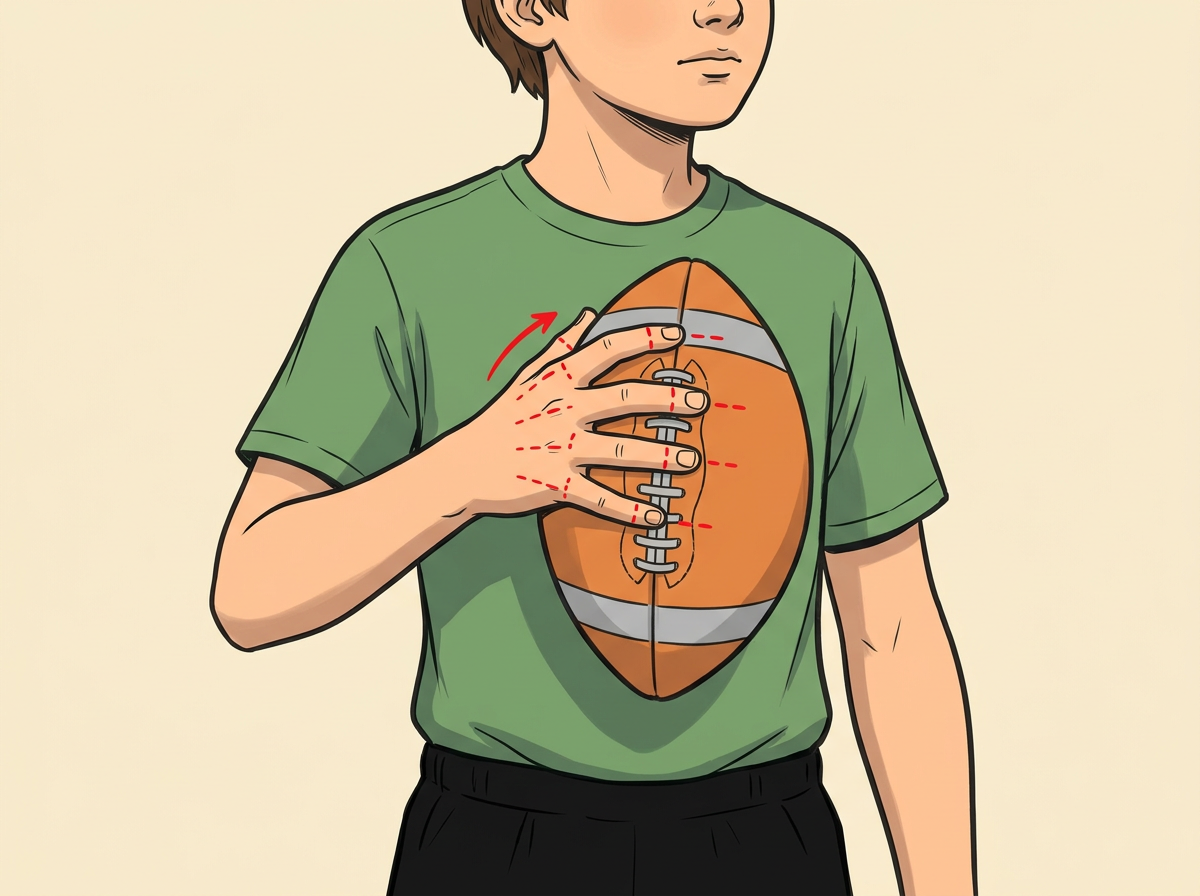 GRIP the football with your fingertips on the laces and your thumb under the opposite side.