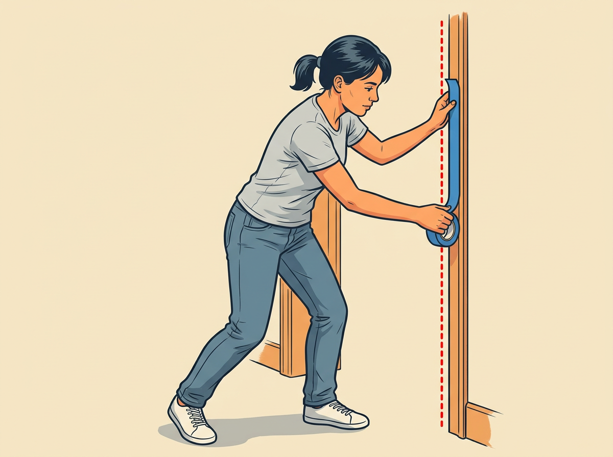2: TAPE every surface you will not paint: press painter's tape on trim, ceiling line, switches, and outlets with steady thumb pressure.