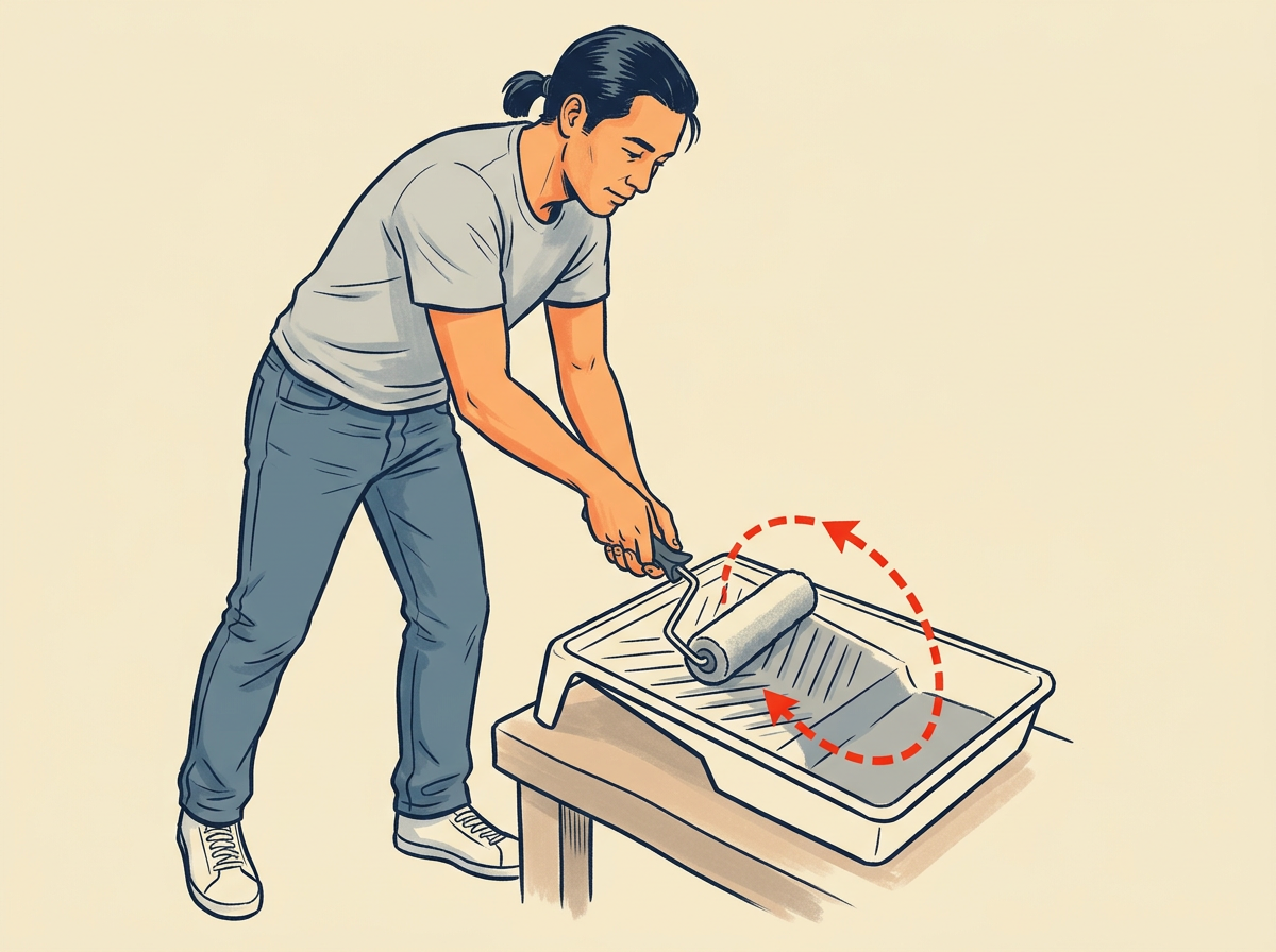 4: LOAD the roller in the tray until the cover is evenly wet: dip into the well, then roll back and forth on the ramp.