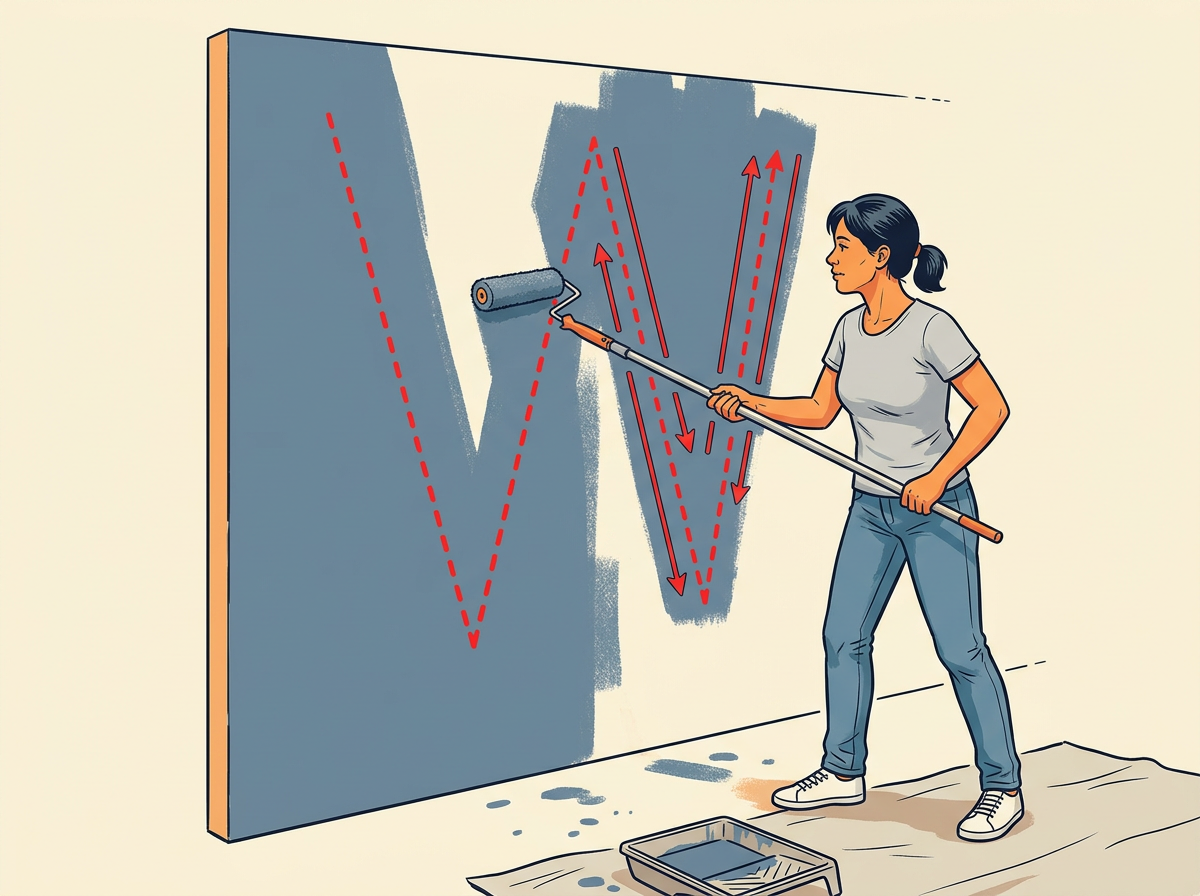 5: ROLL a three-foot-wide wall section in a large W, then fill the W without lifting the roller.