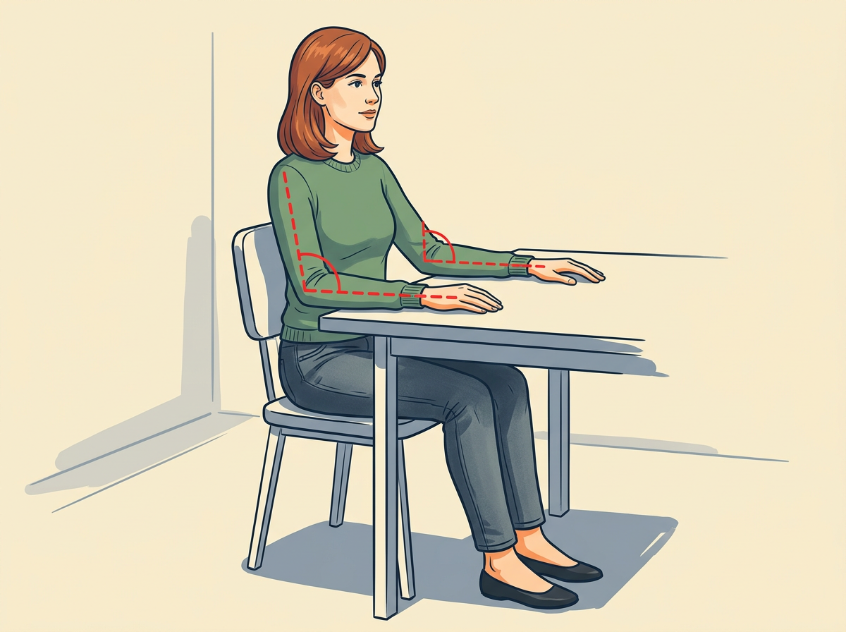 REST forearms lightly on the desk with elbows bent near ninety degrees.