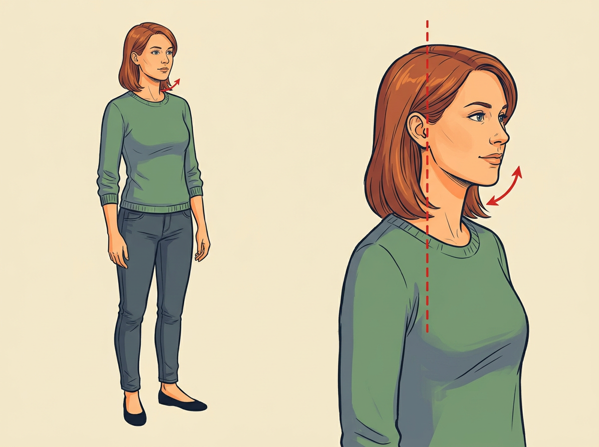 LEVEL your head so ears stack directly above shoulders and chin stays parallel to the floor.