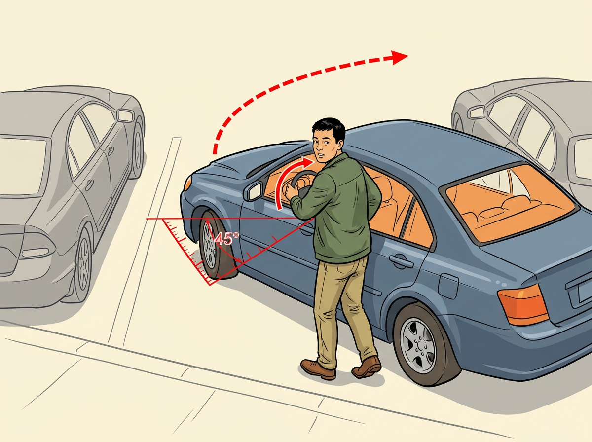 4: REVERSE slowly until your car sits at a forty-five degree angle to the curb.