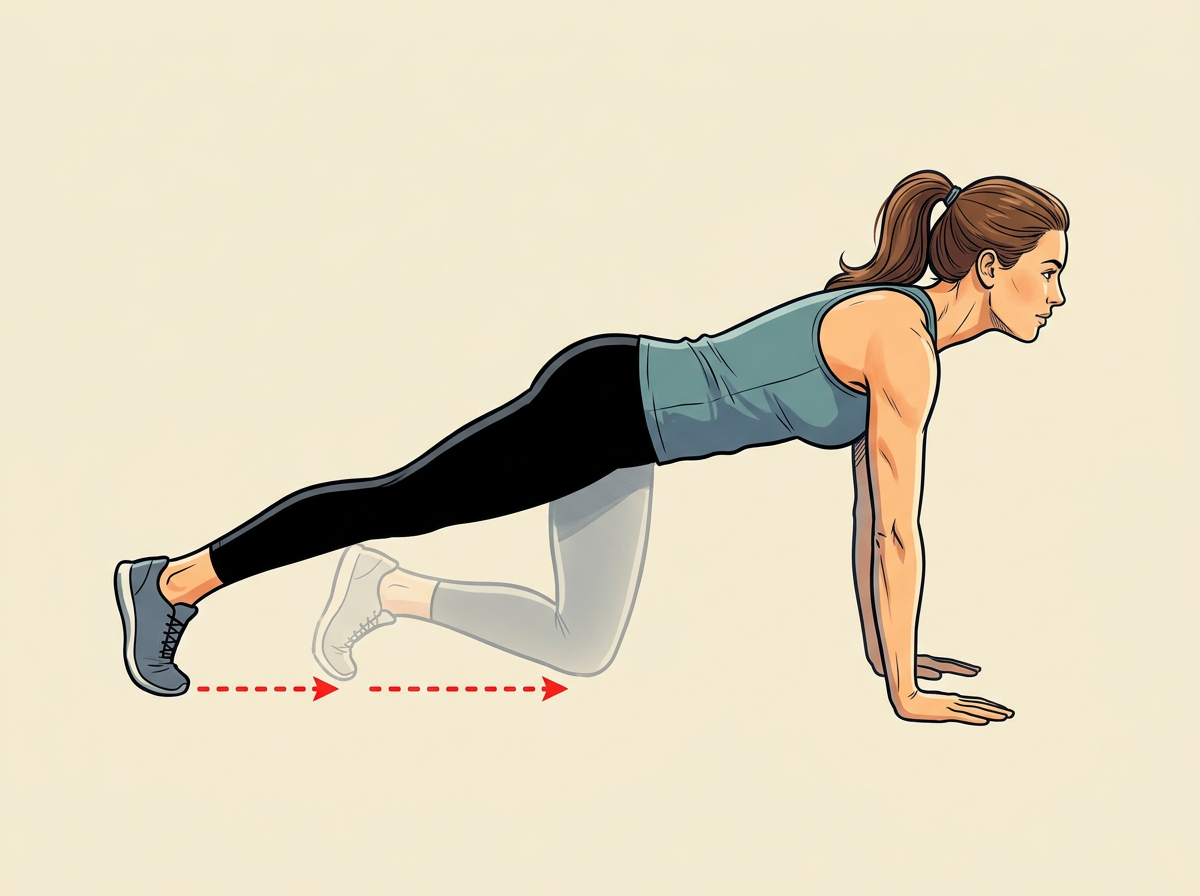 EXTEND both legs back one at a time until the knees lift and you rest on your toes.