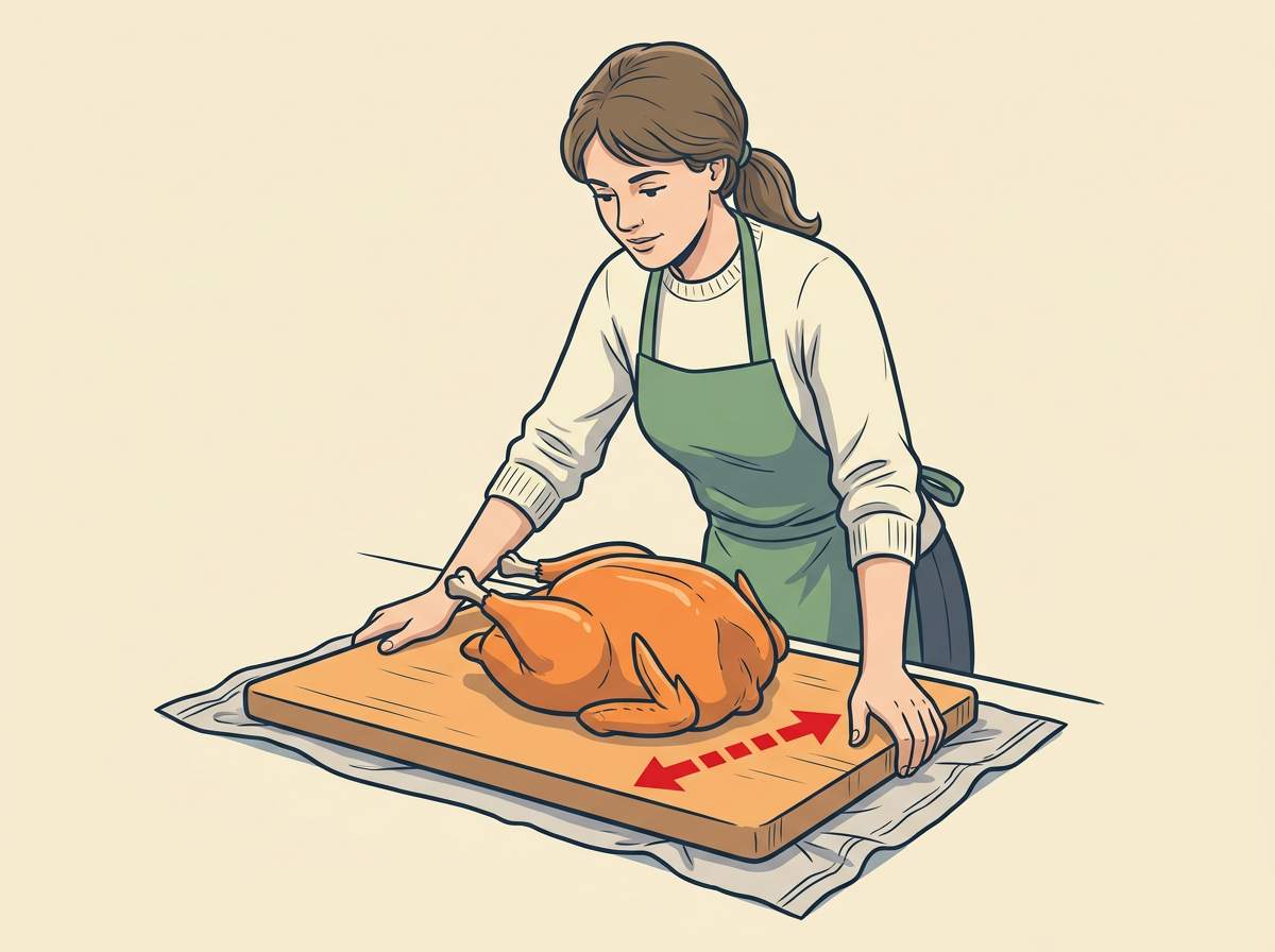 2: ANCHOR the board with a damp towel under it and the turkey breast-up, legs toward you.