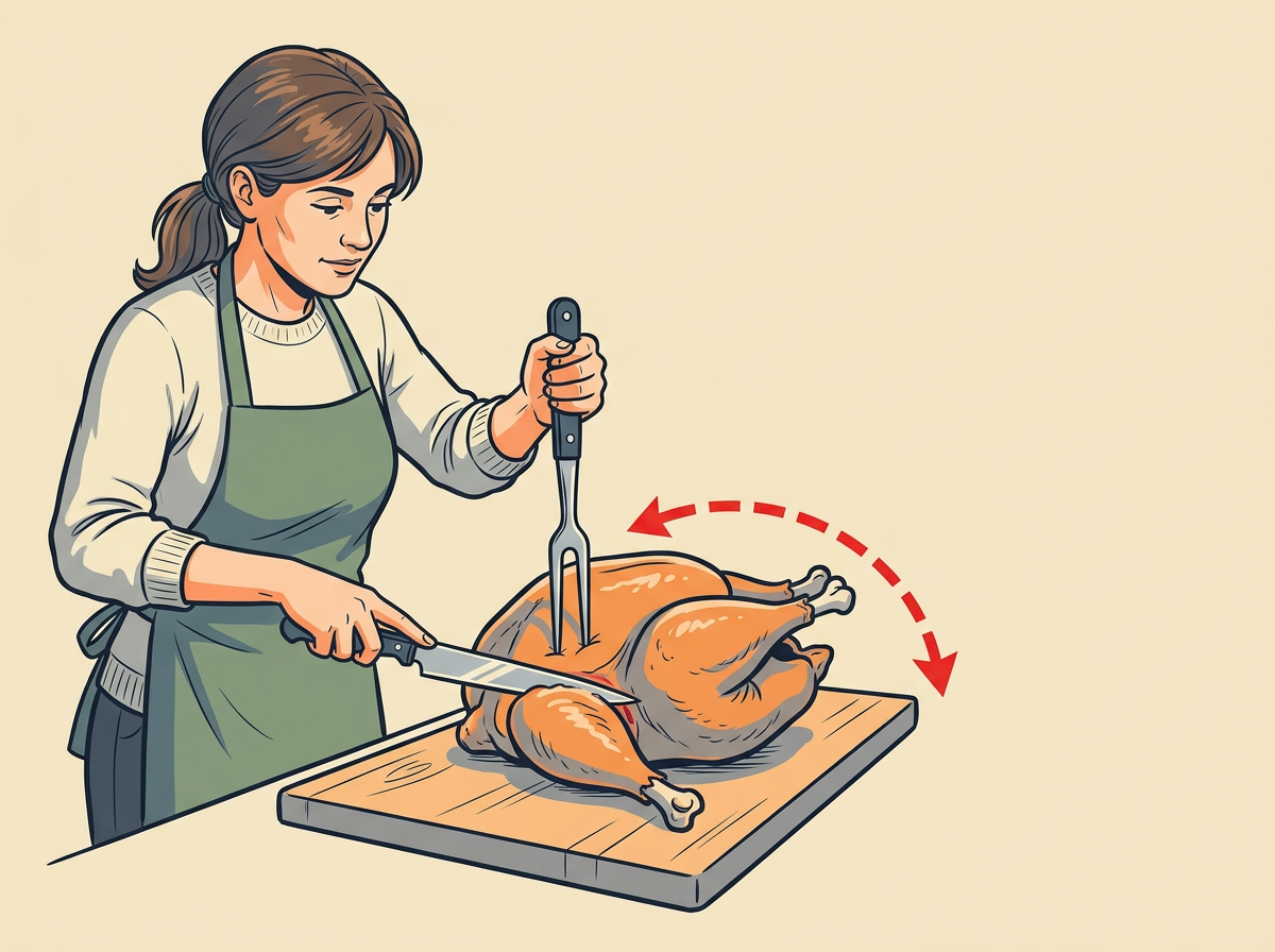 3: FREE one leg quarter by cutting the skin between breast and thigh, then bending the leg out until the hip joint opens, fork hand clear of the blade.