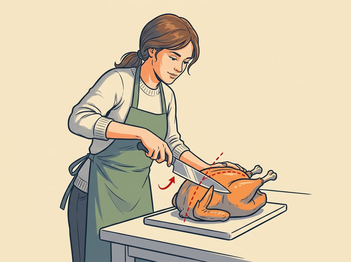 6: SLICE the breast in long downward strokes parallel to the breastbone, starting high at the center and working outward, fingers behind the fork.