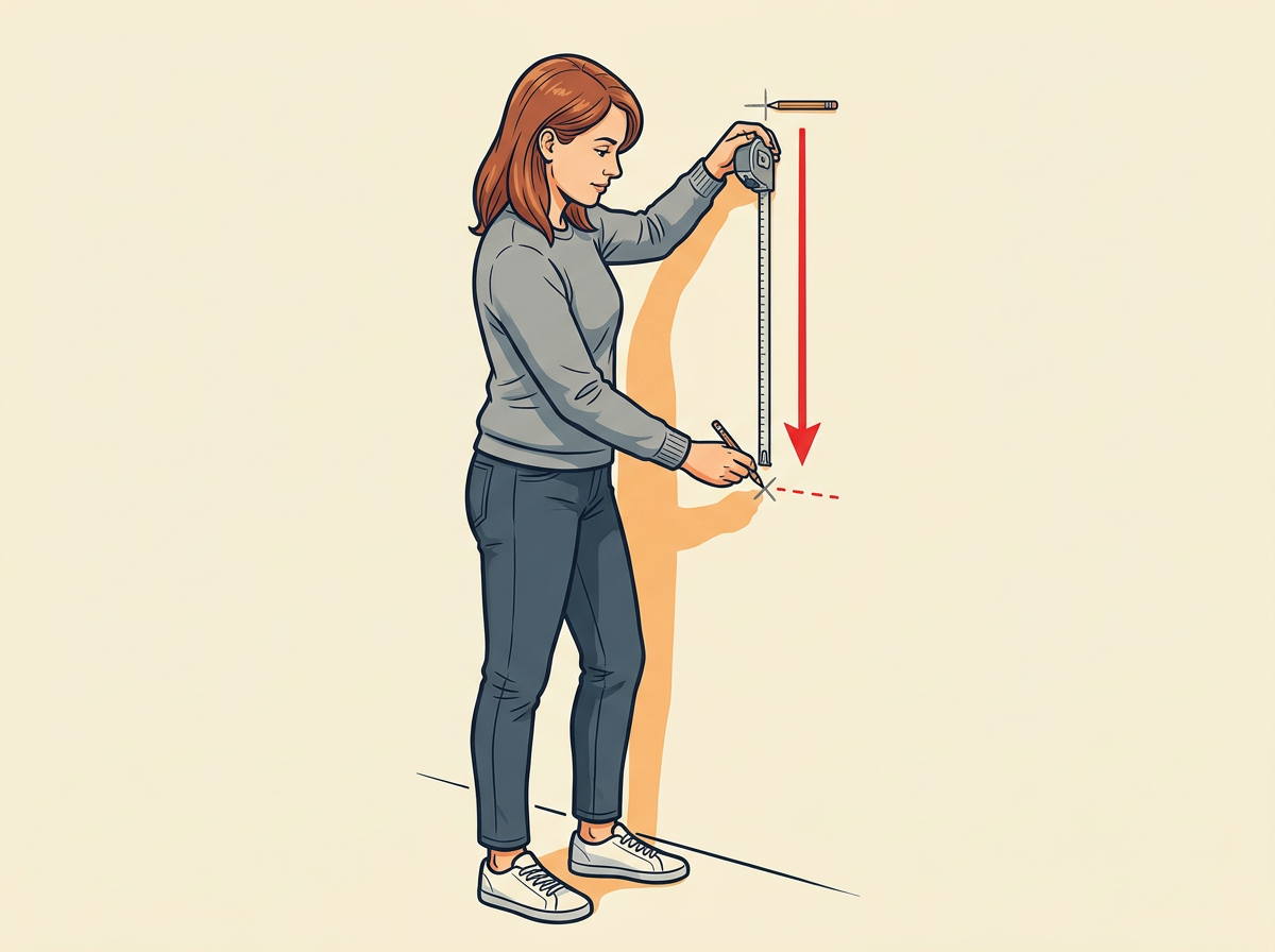 MARK down from your top-center tick by that same drop and make a small pencil cross on the wall.