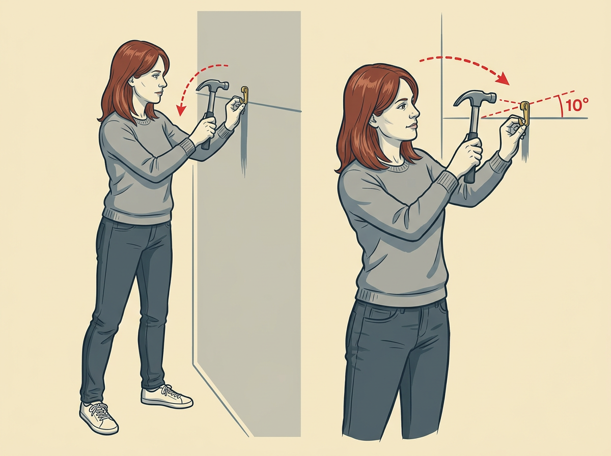 DRIVE the hook or nail on the mark at a slight upward angle, about ten degrees, keeping your free hand off the strike path.