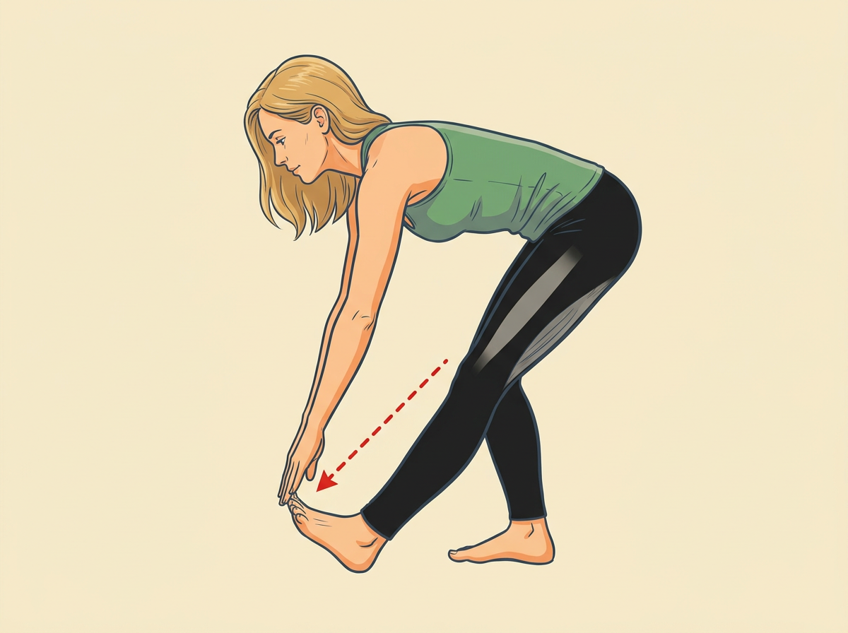4: REACH both hands toward the right toes until a mild pull begins in the thigh.