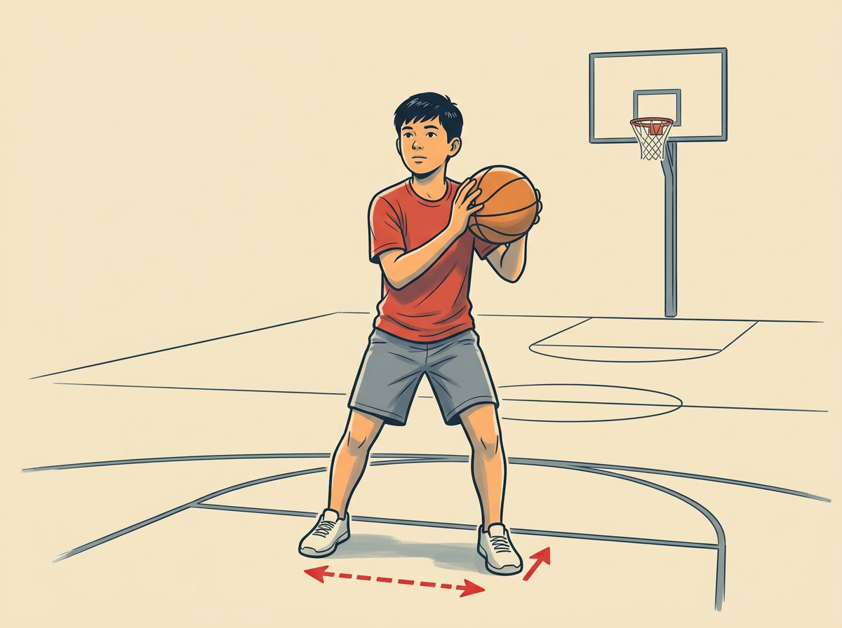 STAND with feet shoulder-width apart, knees bent, and your shooting-side foot a couple inches ahead.