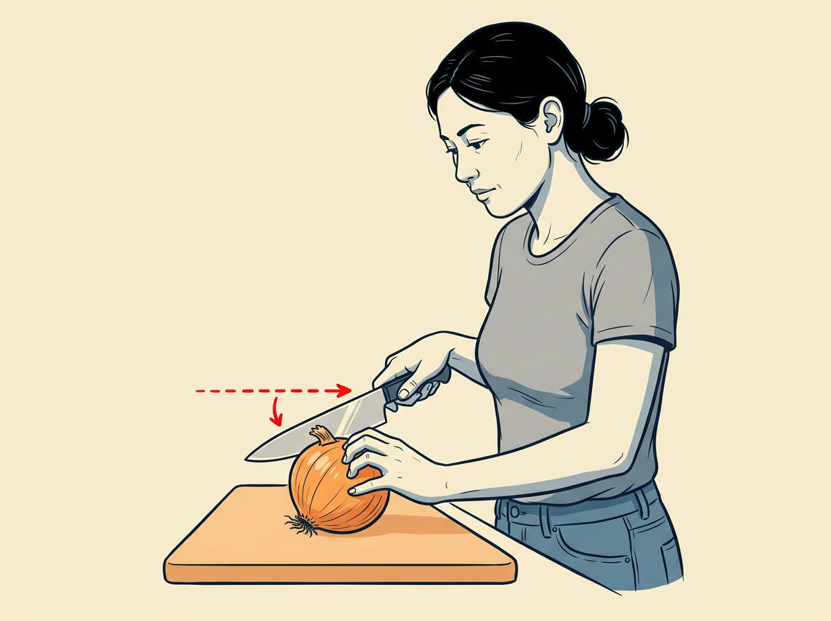 1: TRIM the stem end only while the root stays whole: lay the onion on its side and take a thin top disc with fingertips curled under.