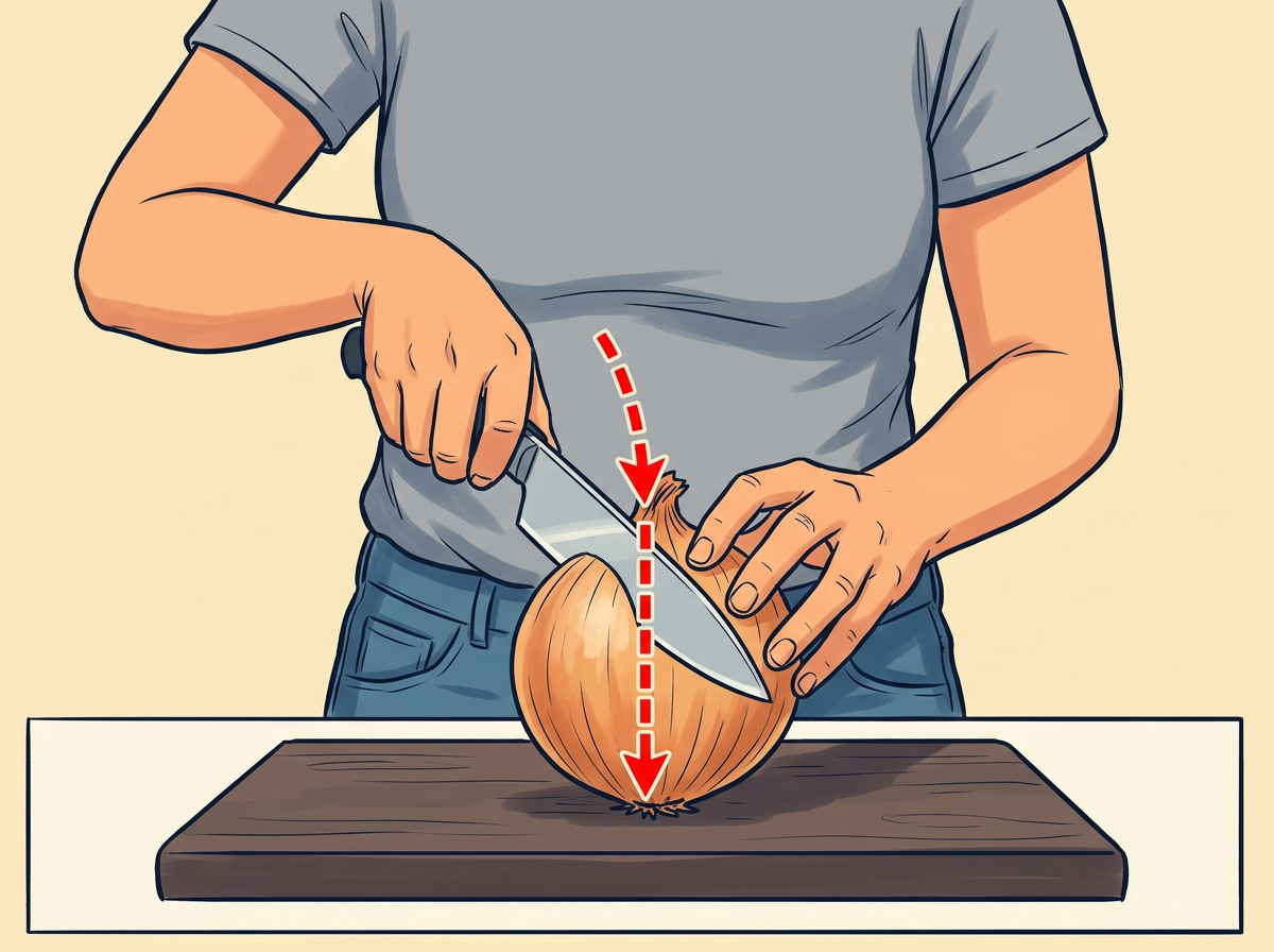 2: HALVE straight down through the root: stand the onion on the flat face and slice from the stem scar through the root center.