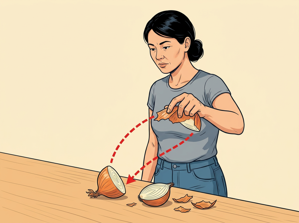 3: PEEL the skin from each half starting at the cut edge: pinch the paper layers and pull them back toward the root.