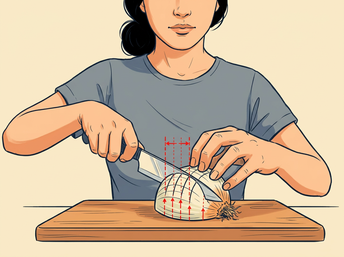 4: SCORE parallel lines toward the root without cutting through it: claw-grip the half and space cuts about a quarter inch apart for medium dice.