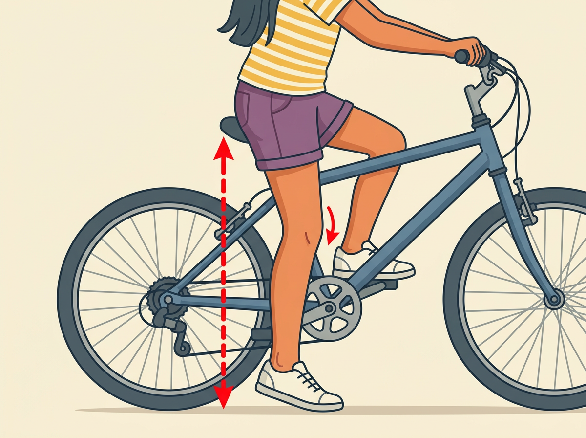 1: CHECK the seat height with both feet flat: straddle the top tube and confirm each sole rests fully on the ground with a slight knee bend.