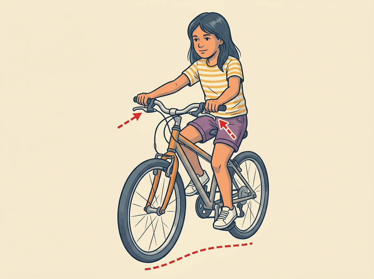 6: BRAKE to a straight stop with both levers: squeeze the brake levers on the handlebars evenly while your feet ready to plant.