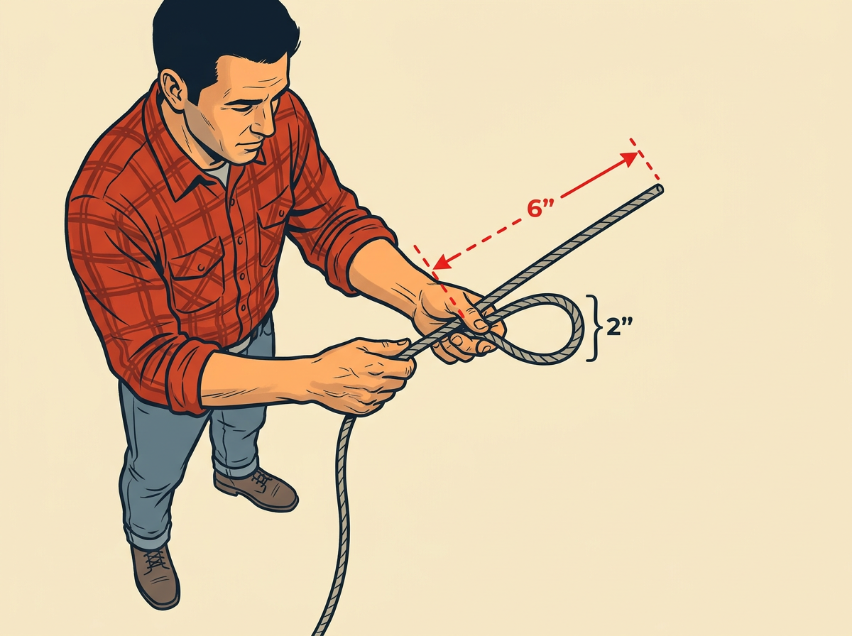 1: FORM a two-inch overhand loop by crossing the working end over the standing part six inches from the tip.