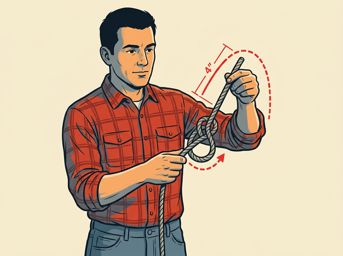 2: PASS the working end up through the two-inch loop from underneath until four inches stand free.