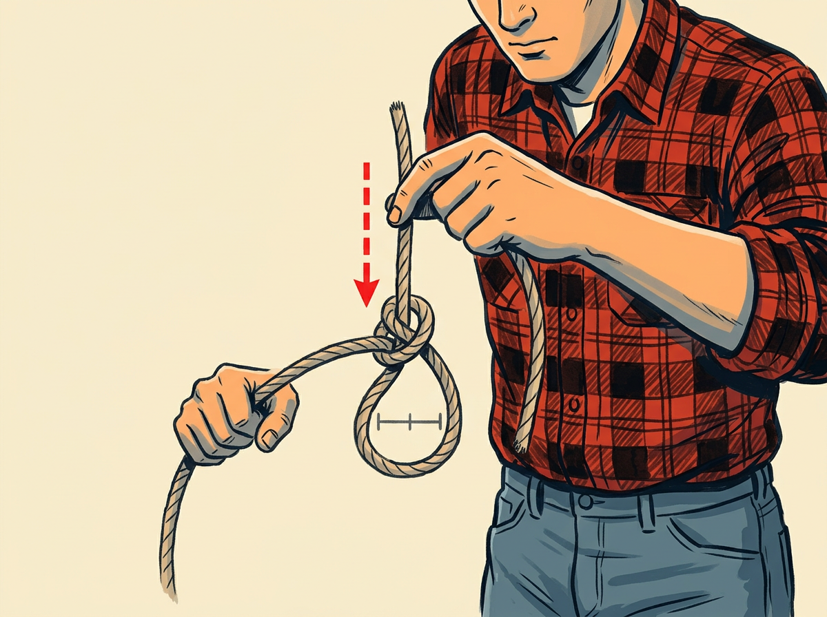 4: FEED the working end down through the two-inch loop until three inches exit below.
