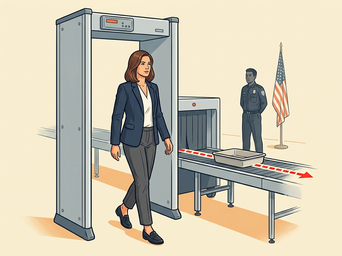 2: CLEAR the magnetometer and bag scan in the West Wing entrance by placing phone, keys, and recorder in the tray first.
