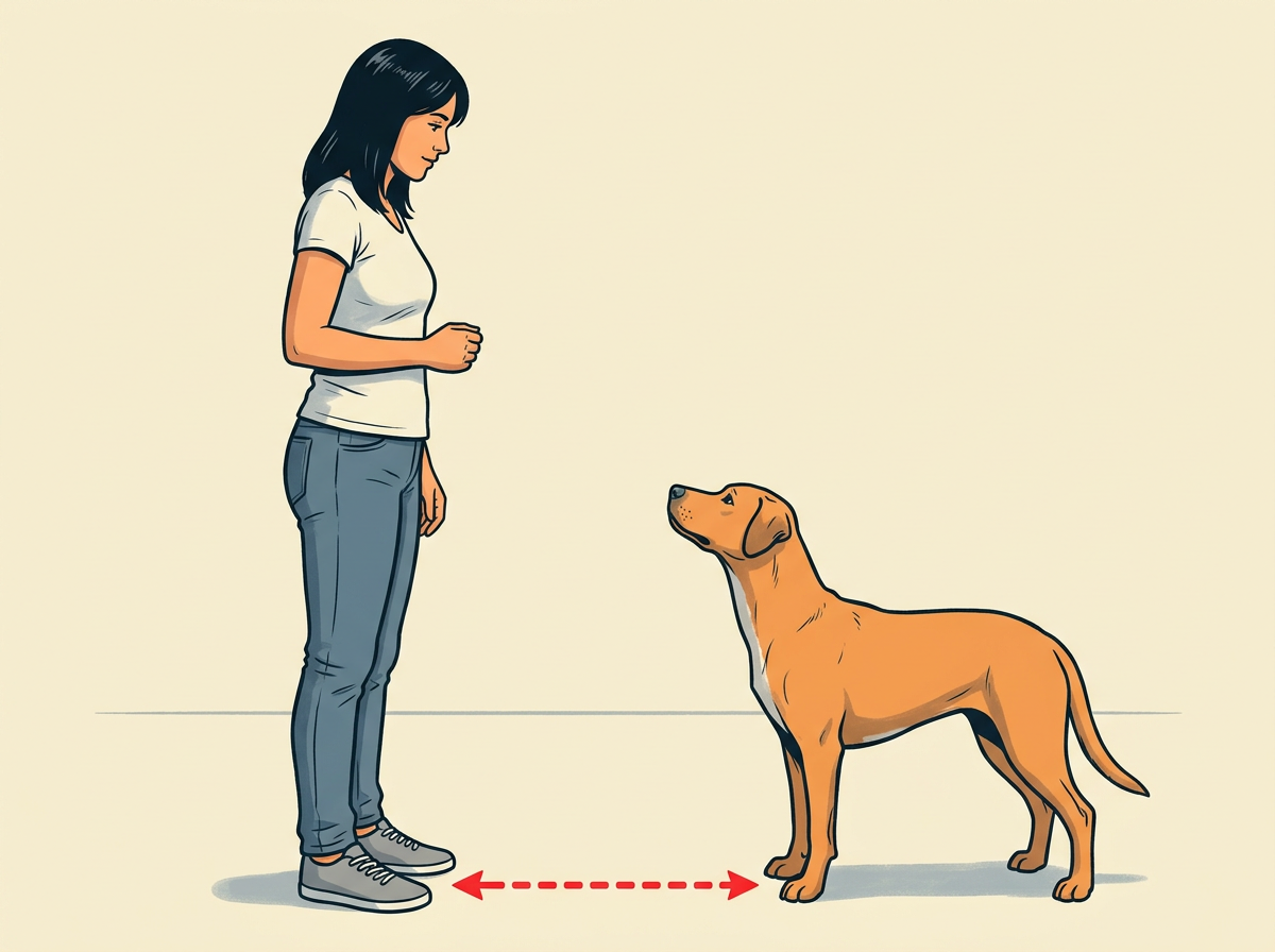 1: STAND two feet from your dog with treats in your pocket and one closed in your hand.