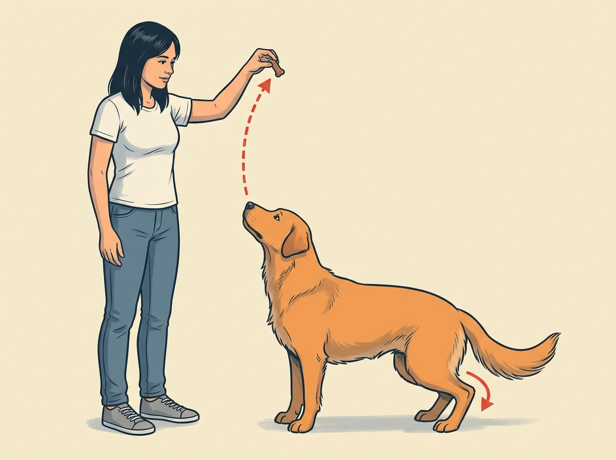 2: RAISE the treat from nose level straight up until it sits just over the head.