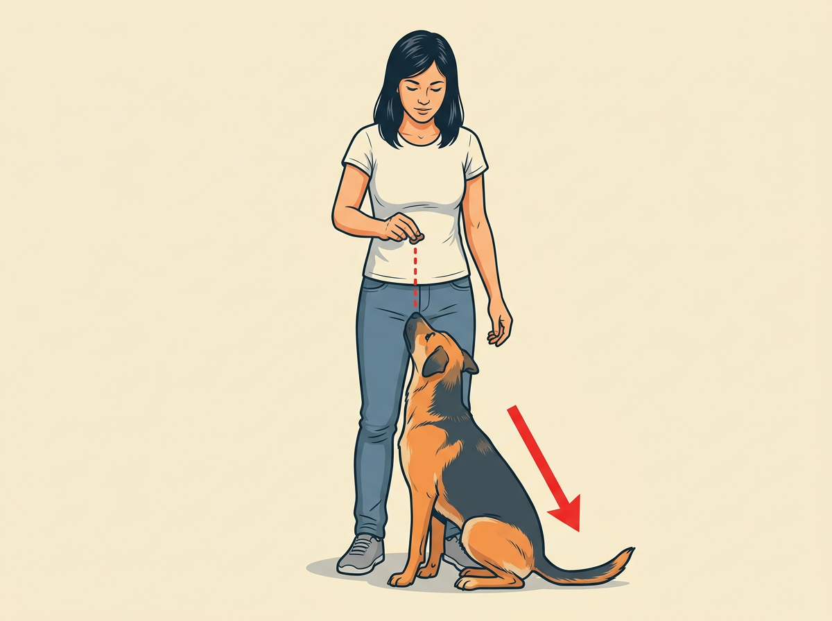 3: HOLD the treat steady over the head for a count of two after the hips touch the floor.