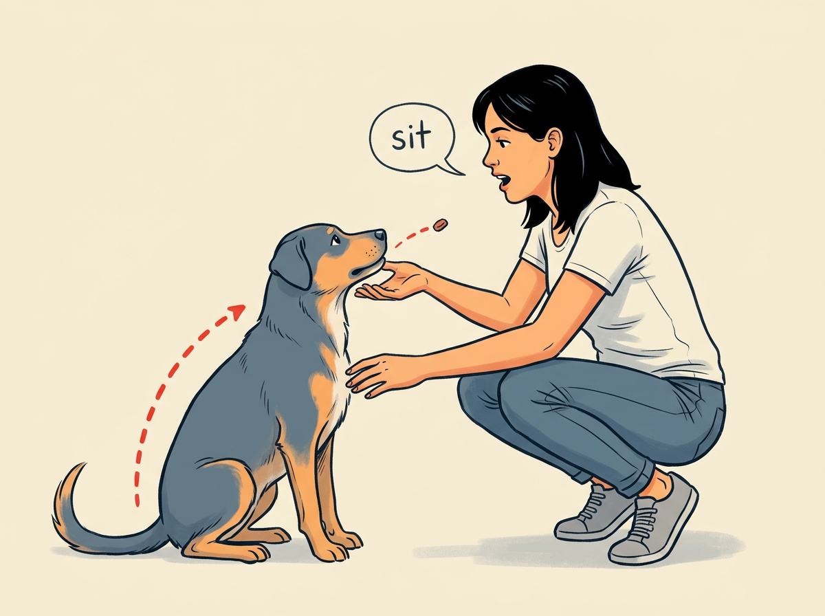 4: SAY sit in a calm voice the instant hips touch the floor then open your hand.
