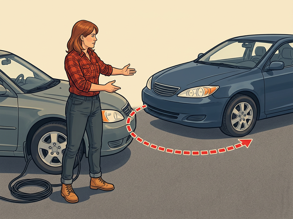 1: PARK the two cars nose-to-nose or side-by-side eighteen inches apart so cables reach without the bodies touching.